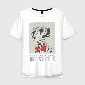 Мужская футболка хлопок Oversize с принтом далматинец на стиле в Петрозаводске, 100% хлопок | свободный крой, круглый ворот, “спинка” длиннее передней части | арт | бабочка | далматинец | джентльмен | животные | картинка | мода | на моде | очки | пес | рисунок | собака | стиль | стильная собака | шляпа
