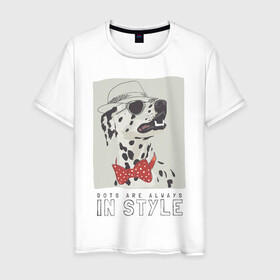 Мужская футболка хлопок с принтом далматинец на стиле в Петрозаводске, 100% хлопок | прямой крой, круглый вырез горловины, длина до линии бедер, слегка спущенное плечо. | арт | бабочка | далматинец | джентльмен | животные | картинка | мода | на моде | очки | пес | рисунок | собака | стиль | стильная собака | шляпа