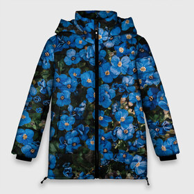 Женская зимняя куртка 3D с принтом Поле синих цветов фиалки лето в Петрозаводске, верх — 100% полиэстер; подкладка — 100% полиэстер; утеплитель — 100% полиэстер | длина ниже бедра, силуэт Оверсайз. Есть воротник-стойка, отстегивающийся капюшон и ветрозащитная планка. 

Боковые карманы с листочкой на кнопках и внутренний карман на молнии | голубые цветочки | лето | луг | незабудки | поле | поляна | синие цветы | узор из цветов | фиалки | фото реализм | цветы