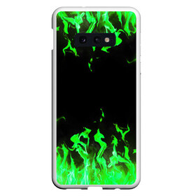 Чехол для Samsung S10E с принтом GREEN FIRE ОГОНЬ в Петрозаводске, Силикон | Область печати: задняя сторона чехла, без боковых панелей | abstraction | bright | fire | geometry | hexagon | light | neon | paints | stripes | texture | triangle | абстракция | брызги | геометрия | искры | краски | неон | неоновый | огонь | соты | текстура