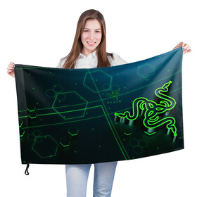 Флаг 3D с принтом RAZER CYBERSPORT в Петрозаводске, 100% полиэстер | плотность ткани — 95 г/м2, размер — 67 х 109 см. Принт наносится с одной стороны | game | gamer | razer | trend | игры | инромания | рейзер | рузер | тренды
