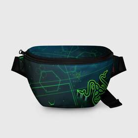 Поясная сумка 3D с принтом RAZER CYBERSPORT в Петрозаводске, 100% полиэстер | плотная ткань, ремень с регулируемой длиной, внутри несколько карманов для мелочей, основное отделение и карман с обратной стороны сумки застегиваются на молнию | game | gamer | razer | trend | игры | инромания | рейзер | рузер | тренды