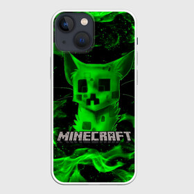Чехол для iPhone 13 mini с принтом MINECRAFT CREEPER CAT в Петрозаводске,  |  | creeper | game | minecraft | блоки | игра | квадраты | компьютерная | кот | котенок | кошка | крипер | майнкрафт | огонь