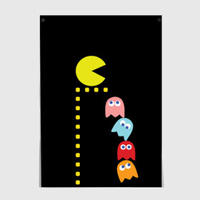 Постер с принтом Pac-man в Петрозаводске, 100% бумага
 | бумага, плотность 150 мг. Матовая, но за счет высокого коэффициента гладкости имеет небольшой блеск и дает на свету блики, но в отличии от глянцевой бумаги не покрыта лаком | old school | retro game | video game | видео игры | ретро игры