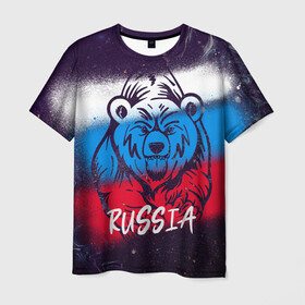 Мужская футболка 3D с принтом Russia Bear в Петрозаводске, 100% полиэфир | прямой крой, круглый вырез горловины, длина до линии бедер | 12 июня | bear | marble | russia | грозный медведь | день россии | медведь | мишка | мрамор | мраморная | праздник | россия | страна | триколор | флаг