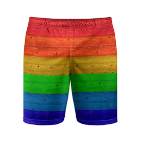 Мужские шорты спортивные с принтом Разноцветные доски радужный в Петрозаводске,  |  | крашеные доски | линии | полосы | радуга | радужный | разноцветный | ярко