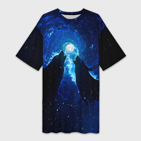 Платье-футболка 3D с принтом Волки силуэты звездное небо в Петрозаводске,  |  | верность | вместе | вой | волки | вселенная | двое | животные | закрученный | звездное небо | космос | луна | любовь | пара | рядом | силуэты | спираль | темный