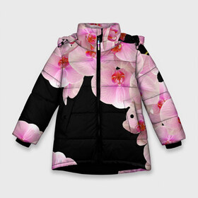 Зимняя куртка для девочек 3D с принтом Орхидеи в ночи в Петрозаводске, ткань верха — 100% полиэстер; подклад — 100% полиэстер, утеплитель — 100% полиэстер. | длина ниже бедра, удлиненная спинка, воротник стойка и отстегивающийся капюшон. Есть боковые карманы с листочкой на кнопках, утяжки по низу изделия и внутренний карман на молнии. 

Предусмотрены светоотражающий принт на спинке, радужный светоотражающий элемент на пуллере молнии и на резинке для утяжки. | Тематика изображения на принте: азия | бабочки | бутоны | ветки | девушкам | джунгли | женщинам | лепестки | летний | лето | листья | любовь | март | орхидеи | орхидея | подарок | природа | растения | розовыецветы | сад | тропика