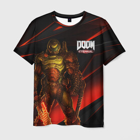 Мужская футболка 3D с принтом DOOM ETERNAL в Петрозаводске, 100% полиэфир | прямой крой, круглый вырез горловины, длина до линии бедер | demons | devil | doom | doom eternal | doom guy | doom slayer | hell | iddqd | slayer | ад | демоны | дум | палач рока