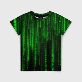 Детская футболка 3D с принтом Матрица код цифры программист в Петрозаводске, 100% гипоаллергенный полиэфир | прямой крой, круглый вырез горловины, длина до линии бедер, чуть спущенное плечо, ткань немного тянется | Тематика изображения на принте: бинарный код | веб | вирус | всемирная паутина | двоичный код | зеленый | интернет | информация | кибер | код | кодер | кодирование | матрица | наука | олдскул | по | программирование
