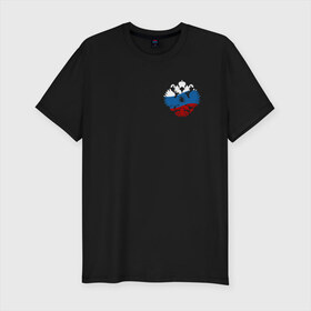 Мужская футболка хлопок Slim с принтом Россия. в Петрозаводске, 92% хлопок, 8% лайкра | приталенный силуэт, круглый вырез ворота, длина до линии бедра, короткий рукав | russia | герб | государство | наша раша | патриотизм | раша | россия | россия 2020 | страна | флаг | флаг россии | я русский