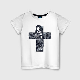 Детская футболка хлопок с принтом Крест с девушкой (с черепом) в Петрозаводске, 100% хлопок | круглый вырез горловины, полуприлегающий силуэт, длина до линии бедер | волосы | дама | девушка | корона | кости | крест | пиковая | праздник | розы | череп
