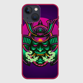Чехол для iPhone 13 mini с принтом Маска Хання (Ханья) в Петрозаводске,  |  | воин | доспехи | дым | закат | иероглифы | изумрудная | китай | маска | неон | неоновая | разноцветная | фиолетовая | хання | ханья | япония