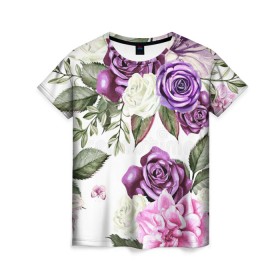 Женская футболка 3D с принтом Красивые розы в Петрозаводске, 100% полиэфир ( синтетическое хлопкоподобное полотно) | прямой крой, круглый вырез горловины, длина до линии бедер | белые розы | белый | необычные | розовый | розы | синие розы | синий | фиолетовые розы | фиолетовый | цветы