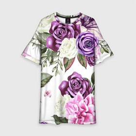 Детское платье 3D с принтом Красивые розы в Петрозаводске, 100% полиэстер | прямой силуэт, чуть расширенный к низу. Круглая горловина, на рукавах — воланы | белые розы | белый | необычные | розовый | розы | синие розы | синий | фиолетовые розы | фиолетовый | цветы