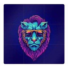 Магнитный плакат 3Х3 с принтом Неоновый лев в очках в Петрозаводске, Полимерный материал с магнитным слоем | 9 деталей размером 9*9 см | грива | животные | закат | зверей | кошка | лев | лето | львенок | неоновая | очки | пляж | прайд | разноцветная | солнце | тигр | царь