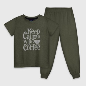 Детская пижама хлопок с принтом Keep calm with coffee в Петрозаводске, 100% хлопок |  брюки и футболка прямого кроя, без карманов, на брюках мягкая резинка на поясе и по низу штанин
 | coffee | keep calm | ароматный | бодрящий | горячий | кофе | кофеек | кофейная | кофеман | кофи | крепкие | крепкий | нервы | с кофе | с утра | сохраняй спокойствие | успокаивает | утренний | утро | чашка