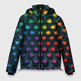 Мужская зимняя куртка 3D с принтом 3Д спектр в Петрозаводске, верх — 100% полиэстер; подкладка — 100% полиэстер; утеплитель — 100% полиэстер | длина ниже бедра, свободный силуэт Оверсайз. Есть воротник-стойка, отстегивающийся капюшон и ветрозащитная планка. 

Боковые карманы с листочкой на кнопках и внутренний карман на молнии. | Тематика изображения на принте: горошек | железо | жесть | излучение | иллюзия | круги | лампочки | металл | оболочка | объём | радуга | сияние | соты | сталь | фонари | шарики | шары