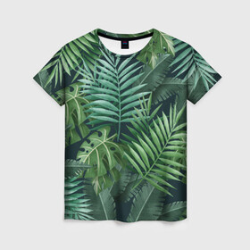 Женская футболка 3D с принтом Тропики  в Петрозаводске, 100% полиэфир ( синтетическое хлопкоподобное полотно) | прямой крой, круглый вырез горловины, длина до линии бедер | summer | банановая | банановые | джунгли | зелень | краски | летняя | лето | листики | листы | листья | надпись | настроение | отдых | отпуск | пальма | пальмовые | пальмы | папоротник | пляжная | позитив