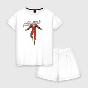 Женская пижама с шортиками хлопок с принтом Шазам в Петрозаводске, 100% хлопок | футболка прямого кроя, шорты свободные с широкой мягкой резинкой | dc | shazam | vdsvar | warner bros. | билли бэтсон | супергерой | шазам