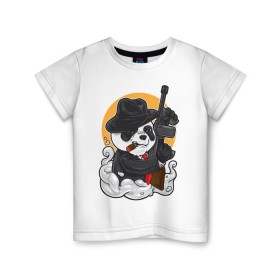 Детская футболка хлопок с принтом Panda Gangster в Петрозаводске, 100% хлопок | круглый вырез горловины, полуприлегающий силуэт, длина до линии бедер | Тематика изображения на принте: art | automatic | bandit | gangster | panda | weapons | автомат | арт | бандит | гангстер | оружие | панда