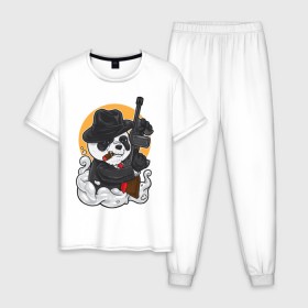 Мужская пижама хлопок с принтом Panda Gangster в Петрозаводске, 100% хлопок | брюки и футболка прямого кроя, без карманов, на брюках мягкая резинка на поясе и по низу штанин
 | art | automatic | bandit | gangster | panda | weapons | автомат | арт | бандит | гангстер | оружие | панда