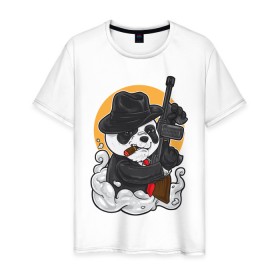 Мужская футболка хлопок с принтом Panda Gangster в Петрозаводске, 100% хлопок | прямой крой, круглый вырез горловины, длина до линии бедер, слегка спущенное плечо. | art | automatic | bandit | gangster | panda | weapons | автомат | арт | бандит | гангстер | оружие | панда