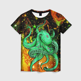 Женская футболка 3D с принтом Cosmo Octopus в Петрозаводске, 100% полиэфир ( синтетическое хлопкоподобное полотно) | прямой крой, круглый вырез горловины, длина до линии бедер | cosmo | kraken | medusa | meduza | ocean | octopus | pirates | арт | ван | гог | звезды | искусство | картина | космос | кракен | красочный | медуза | море | океан | осьминог | пираты | принт | стиль