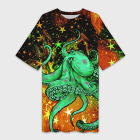 Платье-футболка 3D с принтом Cosmo Octopus в Петрозаводске,  |  | Тематика изображения на принте: cosmo | kraken | medusa | meduza | ocean | octopus | pirates | арт | ван | гог | звезды | искусство | картина | космос | кракен | красочный | медуза | море | океан | осьминог | пираты | принт | стиль