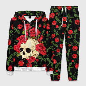 Мужской костюм 3D с принтом Skull Roses в Петрозаводске, 100% полиэстер | Манжеты и пояс оформлены тканевой резинкой, двухслойный капюшон со шнурком для регулировки, карманы спереди | rose | roses | анатомия | белая | белое | гот | косплей | кости | кость | костюм | красочная | пират | пираты | подарок | прикольная | роза | светлая | стиль | темная | тренд | чб | череп | черепа | черепушки