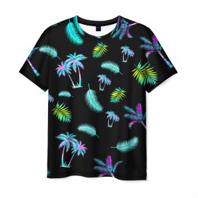 Мужская футболка 3D с принтом Tropiki в Петрозаводске, 100% полиэфир | прямой крой, круглый вырез горловины, длина до линии бедер | Тематика изображения на принте: брызги красок | кокос | космос | краска | летняя ночь | лето | лист пальмы | неон | неоновая пальма | пальма | перо | пляж