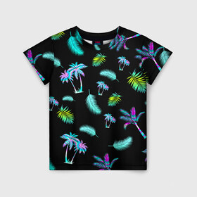 Детская футболка 3D с принтом Tropiki в Петрозаводске, 100% гипоаллергенный полиэфир | прямой крой, круглый вырез горловины, длина до линии бедер, чуть спущенное плечо, ткань немного тянется | брызги красок | кокос | космос | краска | летняя ночь | лето | лист пальмы | неон | неоновая пальма | пальма | перо | пляж