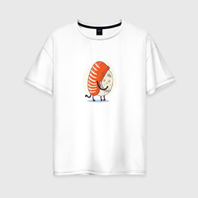 Женская футболка хлопок Oversize с принтом Суши обнимашки в Петрозаводске, 100% хлопок | свободный крой, круглый ворот, спущенный рукав, длина до линии бедер
 | anime | hug | hugs | kawaii | love | salmon | sushi | trout | аниме | кавай | кавайная | кавайные | кавайный | лосось | любовь | милая | милота | милые | нежная | нежные | обнимай | обнимашки | обними | объятия | рис | рис и рыба