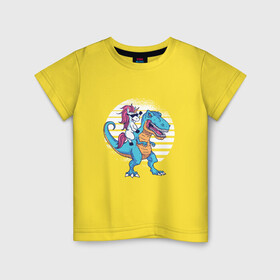 Детская футболка хлопок с принтом Единорог верхом на динозавре в Петрозаводске, 100% хлопок | круглый вырез горловины, полуприлегающий силуэт, длина до линии бедер | dino | dinosaur | dinosaurus | evil | t rex | unicorn | верхом на динозавре | динозавр | единорог | животные | забавная | забавные | злой | милый | прикол | прикольная | прикольные | радуга | ржака | с юмором | ти рекс