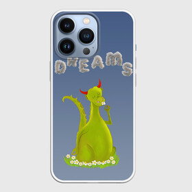 Чехол для iPhone 13 Pro с принтом Dragon Dreams в Петрозаводске,  |  | Тематика изображения на принте: девушке | детское | дракон | дракон добрый | дракон лето | дракон мечтатель | дракон ребенку | дракон цветы | дракончик | летний дракон | лето | мечтай | мечтатель | мечты | мечты дракона