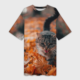 Платье-футболка 3D с принтом мяукающий кот осенние листья в Петрозаводске,  |  | Тематика изображения на принте: золотая осень | кот | кошка | крик | листва | листья | мяу | мяукает | осень | сезон | уличный котейка