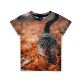 Детская футболка 3D с принтом мяукающий кот осенние листья в Петрозаводске, 100% гипоаллергенный полиэфир | прямой крой, круглый вырез горловины, длина до линии бедер, чуть спущенное плечо, ткань немного тянется | Тематика изображения на принте: золотая осень | кот | кошка | крик | листва | листья | мяу | мяукает | осень | сезон | уличный котейка