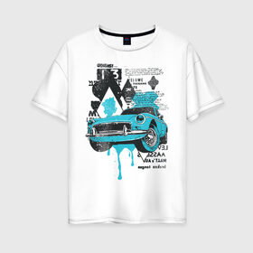 Женская футболка хлопок Oversize с принтом Ретро в Петрозаводске, 100% хлопок | свободный крой, круглый ворот, спущенный рукав, длина до линии бедер
 | английский | арт | краска | машина | надписи | подтёки | ретро | рисунок | синий