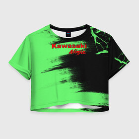 Женская футболка Crop-top 3D с принтом Kawasaki в Петрозаводске, 100% полиэстер | круглая горловина, длина футболки до линии талии, рукава с отворотами | kawasaki | moto | ninja | брызги | дорога | кавасаки | краска | мотоцикл | надпись | неон | ниндзя | паутина | скорость | текстура