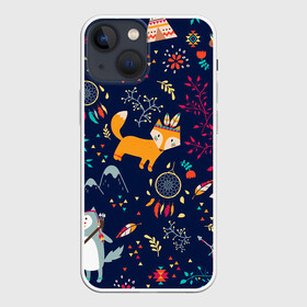 Чехол для iPhone 13 mini с принтом Звери природа индейцы этно в Петрозаводске,  |  | ветки | волк | горы | звери | индейцы | лес | лис | лиса | листья | ловец снов | медведь | природа | синий | треугольники | узор | цветы | этно