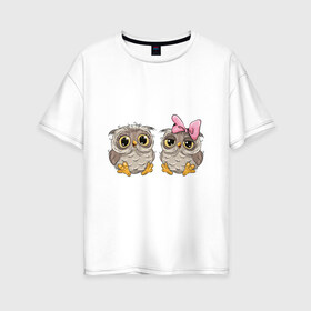 Женская футболка хлопок Oversize с принтом Совушки в Петрозаводске, 100% хлопок | свободный крой, круглый ворот, спущенный рукав, длина до линии бедер
 | бантик | совушки | совы