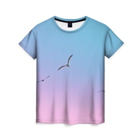 Женская футболка 3D с принтом чайки птицы полет градиент в Петрозаводске, 100% полиэфир ( синтетическое хлопкоподобное полотно) | прямой крой, круглый вырез горловины, длина до линии бедер | градиент | закат | минимализм | небо | полет | природа | просто | птицы | рассвет | чайки