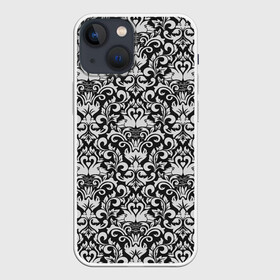 Чехол для iPhone 13 mini с принтом Imperialistic pattern в Петрозаводске,  |  | gray | imperial | pattern | retro | арт | вышивка | гжель | девушкам | декор | империя | королева | кружево | лебеди | орнамент | птицы | резьба | ретро | серебро | серебряный | серый | сказочные | текстура | узор