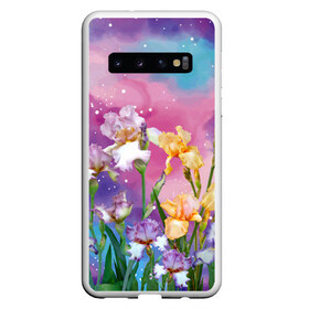 Чехол для Samsung Galaxy S10 с принтом Сказочные Ирисы в Петрозаводске, Силикон | Область печати: задняя сторона чехла, без боковых панелей | Тематика изображения на принте: pink | summer | бабочки | бутоны | ветки | женщинам | звезды | ирисы | лепестки | летний | лето | листья | любовь | март | небо | облака | подарок | поляна | природа | радуга | растения | сад | тропика | цветение