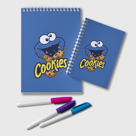 Блокнот с принтом Cookies в Петрозаводске, 100% бумага | 48 листов, плотность листов — 60 г/м2, плотность картонной обложки — 250 г/м2. Листы скреплены удобной пружинной спиралью. Цвет линий — светло-серый
 | Тематика изображения на принте: cookie | cookiemonster | delicious | eat | monster | yummy | еда | коржик | куки | кукимонстр | монстр | печенье | сезам | сладости | улица | улицасезам