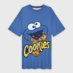 Платье-футболка 3D с принтом Cookies в Петрозаводске,  |  | cookie | cookiemonster | delicious | eat | monster | yummy | еда | коржик | куки | кукимонстр | монстр | печенье | сезам | сладости | улица | улицасезам