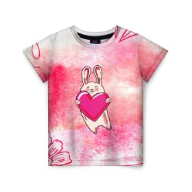 Детская футболка 3D с принтом Влюбленный Зайчик в Петрозаводске, 100% гипоаллергенный полиэфир | прямой крой, круглый вырез горловины, длина до линии бедер, чуть спущенное плечо, ткань немного тянется | like | love | loveis | pink | валентин | влюбленным | женщинам | животные | зайка | зайчик | заяц | звери | каваи | кролик | лапки | люблю | любовь | мордочка | няшный | подарок | прикольный | сердечки | сердце