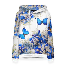 Женская толстовка 3D с принтом Butterfly | Blue White в Петрозаводске, 100% полиэстер  | двухслойный капюшон со шнурком для регулировки, мягкие манжеты на рукавах и по низу толстовки, спереди карман-кенгуру с мягким внутренним слоем. | butterfly | earth | flowers | forest | neon | бабочки | весенняя | весна | зелень | земля | зима | зимняя | искусство | краски | лес | летняя | лето | море | неон | океан | осенняя | природа | приятная | растения | рестение