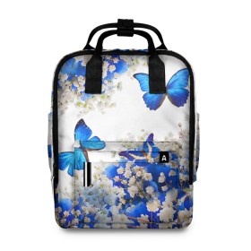 Женский рюкзак 3D с принтом Butterfly | Blue White в Петрозаводске, 100% полиэстер | лямки с регулируемой длиной, сверху ручки, чтобы рюкзак нести как сумку. Основное отделение закрывается на молнию, как и внешний карман. Внутри два дополнительных кармана, один из которых закрывается на молнию. По бокам два дополнительных кармашка, куда поместится маленькая бутылочка
 | butterfly | earth | flowers | forest | neon | бабочки | весенняя | весна | зелень | земля | зима | зимняя | искусство | краски | лес | летняя | лето | море | неон | океан | осенняя | природа | приятная | растения | рестение