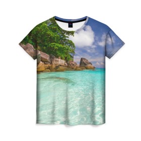 Женская футболка 3D с принтом Пхукет в Петрозаводске, 100% полиэфир ( синтетическое хлопкоподобное полотно) | прямой крой, круглый вырез горловины, длина до линии бедер | phuket | бангкок | королевство | курорт | море | острова | отдых | пальмы | песок | пляж | природа | путешествие | солнце | тай | тайланд